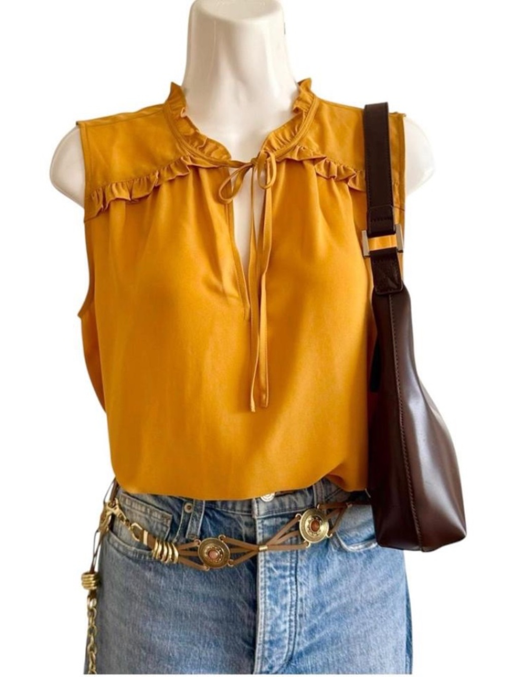 NWT LOFT Mustard Ruffle Tie Neck Sleeveless Blouse XS